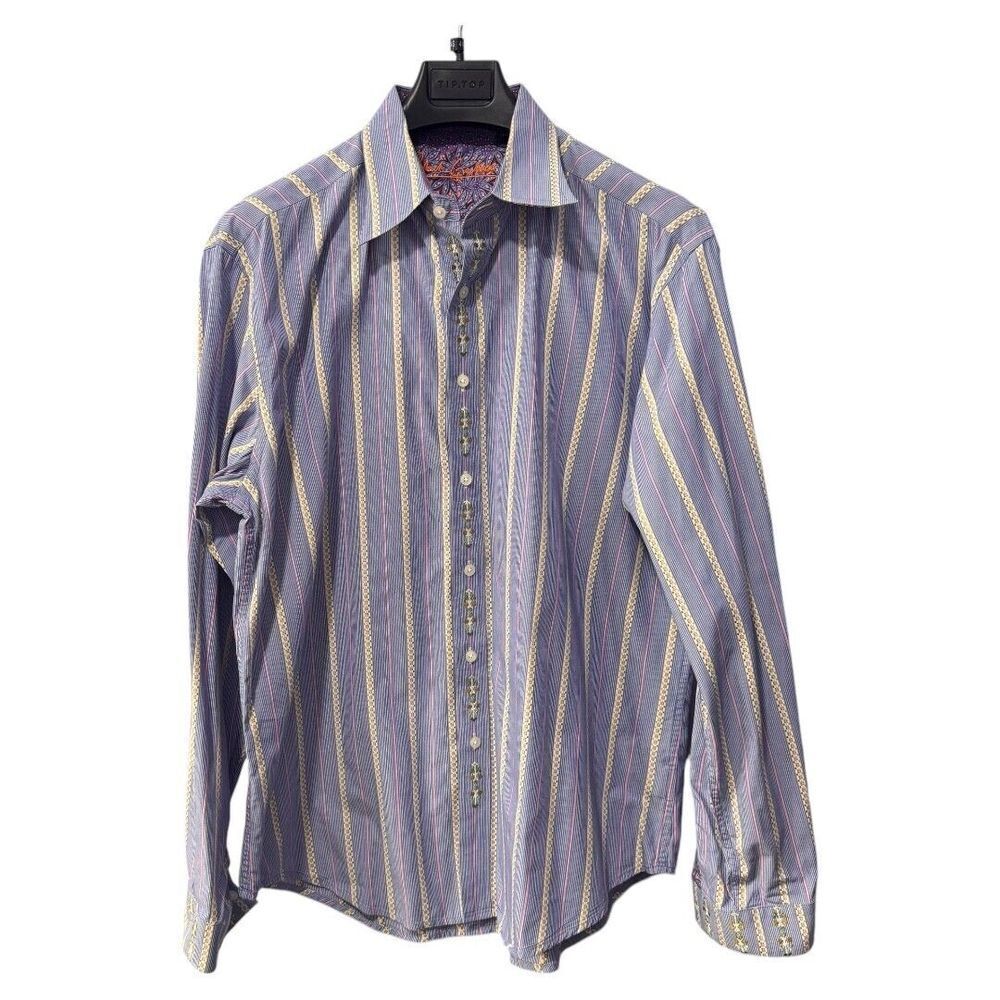 Robert Graham Shirt Mens XL Blue Embroidered Long Sleeve Button Up Flip Cuff